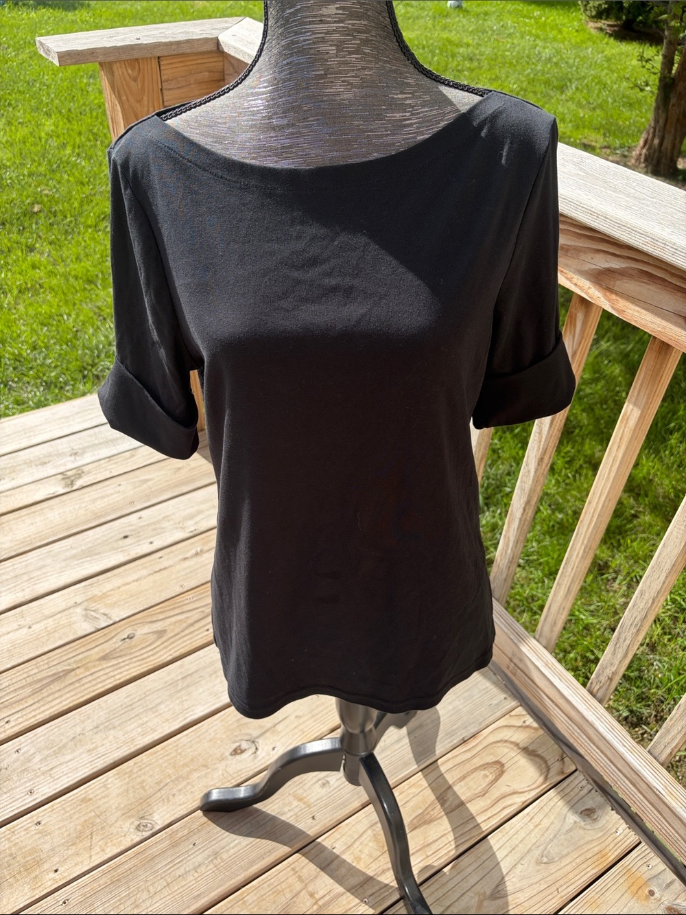 Lauren, Ralph Lauren Black Boatneck Short Sleeve Tee with Roll Cuffs